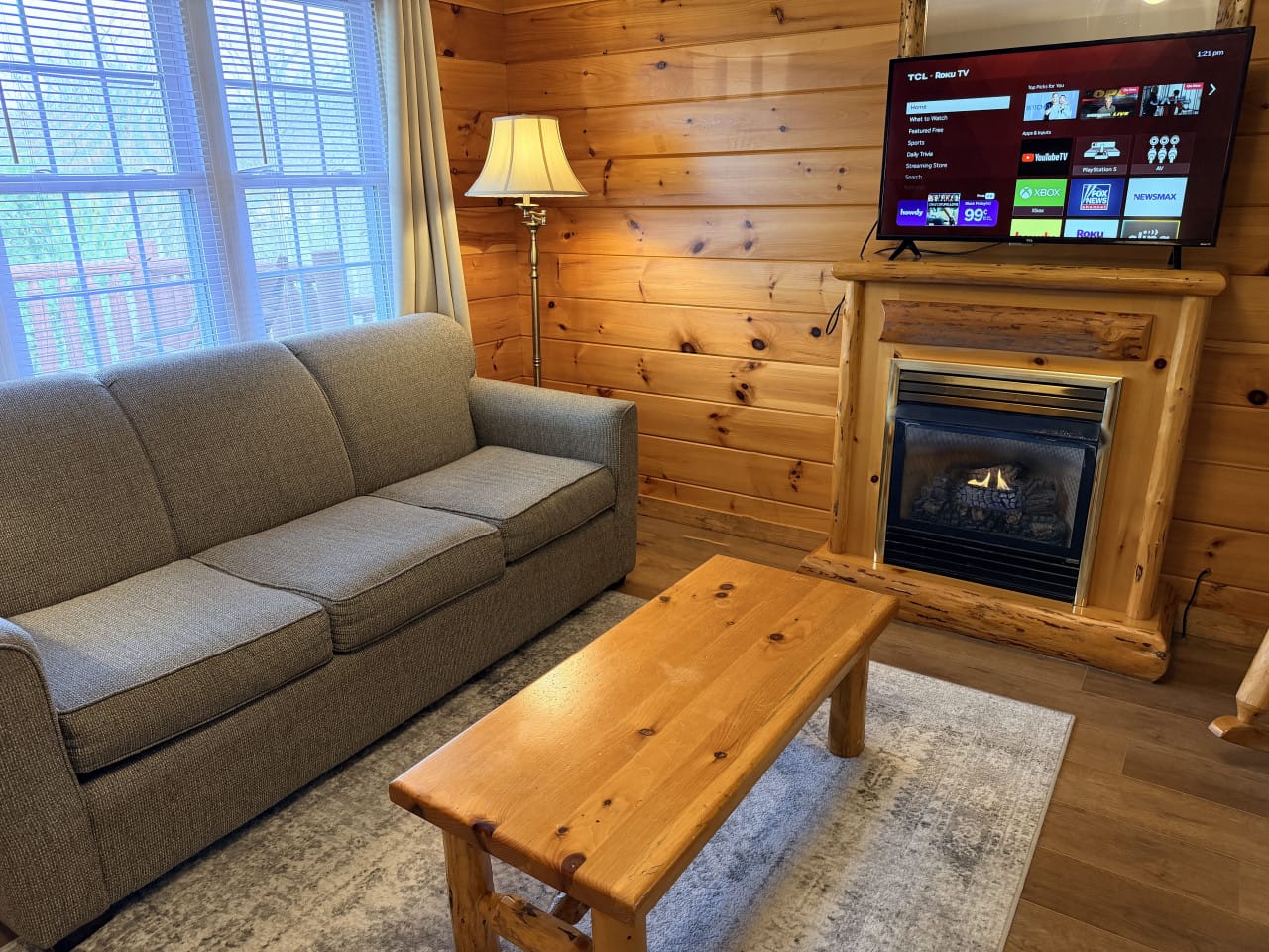 The living room and fireplace of the Joy Suite at Blessings Lodge in Amish Country Ohio